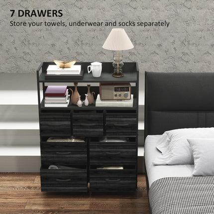 Rustic Chest of Seven Fabric Drawers with Steel Frame - Black