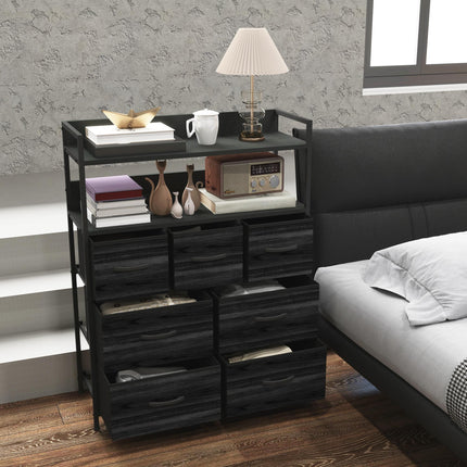 Rustic Chest of Seven Fabric Drawers with Steel Frame - Black