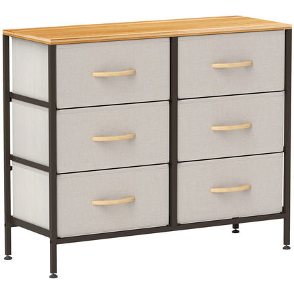 Fabric Chest of Drawers with 6 Storage Drawers, Steel Frame & Wooden Top - Cream White