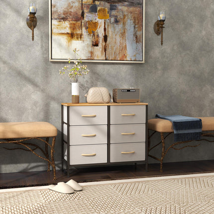 Fabric Chest of Drawers with 6 Storage Drawers, Steel Frame & Wooden Top - Cream White