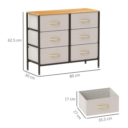 Fabric Chest of Drawers with 6 Storage Drawers, Steel Frame & Wooden Top - Cream White