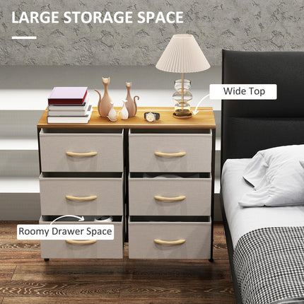 Fabric Chest of Drawers with 6 Storage Drawers, Steel Frame & Wooden Top - Cream White