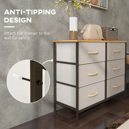 Fabric Chest of Drawers with 6 Storage Drawers, Steel Frame & Wooden Top - Cream White