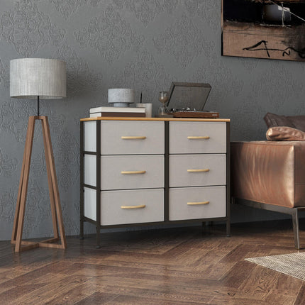 Fabric Chest of Drawers with 6 Storage Drawers, Steel Frame & Wooden Top - Cream White