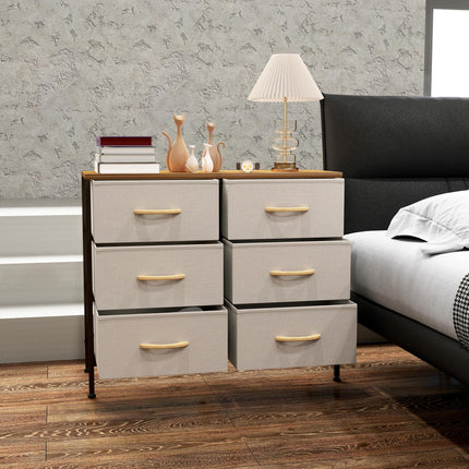 Fabric Chest of Drawers with 6 Storage Drawers, Steel Frame & Wooden Top - Cream White