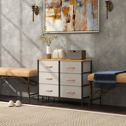 Fabric Chest of Drawers with 6 Storage Drawers, Steel Frame & Wooden Top - Cream White