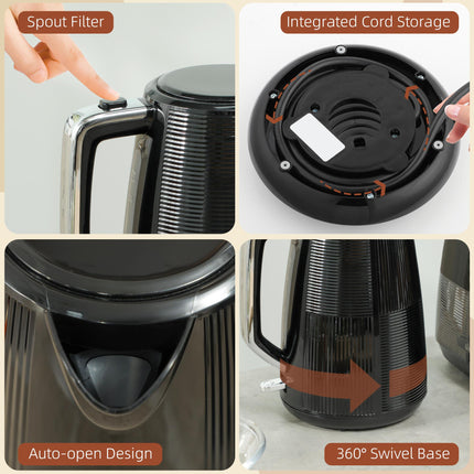1.7L 3000W Fast Boil Kettle & 2-Slice Toaster Set with 7 Browning Levels, Defrost & Reheat - Black