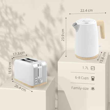 1.7L 3000W Fast Boil Kettle & 2-Slice Toaster Set with 7 Browning Levels, Defrost & Auto Off - White