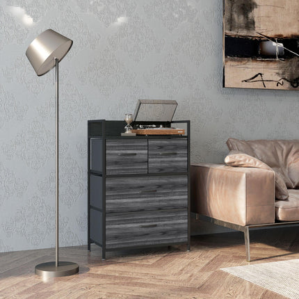 Rustic Chest of Four Fabric Drawers with Wood-Effect Finish - Black