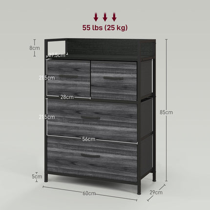 Rustic Chest of Four Fabric Drawers with Wood-Effect Finish - Black