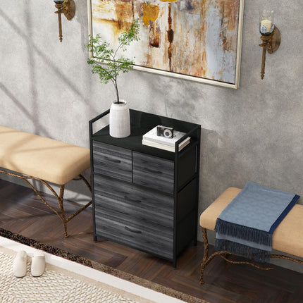 Rustic Chest of Four Fabric Drawers with Wood-Effect Finish - Black