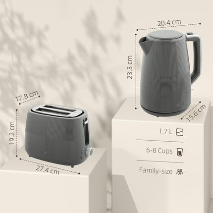 1.7L 3000W Kettle and 2-Slice Toaster Set with 7 Browning Levels, Defrost & Reheat - Grey