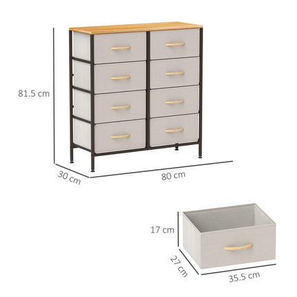Fabric Chest of Drawers with 8 Storage Drawers, Steel Frame and Wood-Effect Top - Cream White