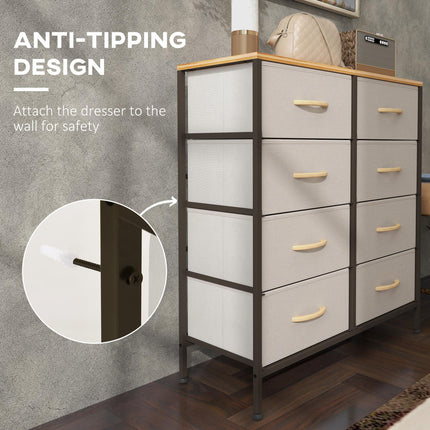 Fabric Chest of Drawers with 8 Storage Drawers, Steel Frame and Wood-Effect Top - Cream White