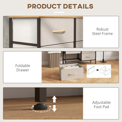 Fabric Chest of Drawers with 8 Storage Drawers, Steel Frame and Wood-Effect Top - Cream White