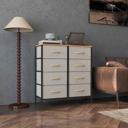 Fabric Chest of Drawers with 8 Storage Drawers, Steel Frame and Wood-Effect Top - Cream White