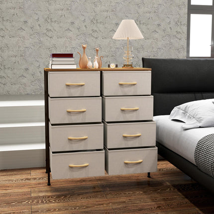 Fabric Chest of Drawers with 8 Storage Drawers, Steel Frame and Wood-Effect Top - Cream White