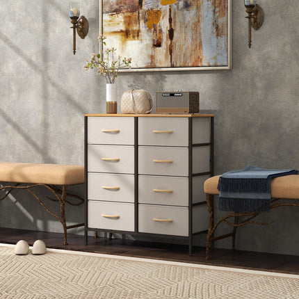 Fabric Chest of Drawers with 8 Storage Drawers, Steel Frame and Wood-Effect Top - Cream White