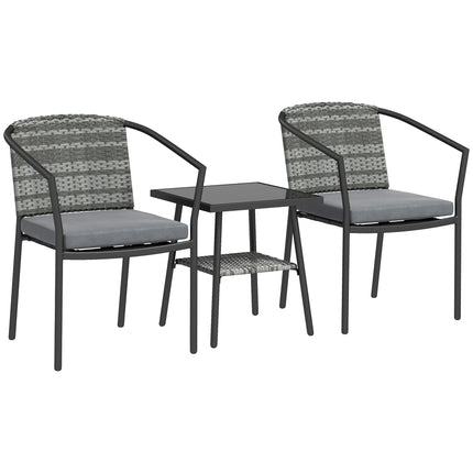 3 Piece Grey Rattan Bistro Set with Cushions and Glass Top Table