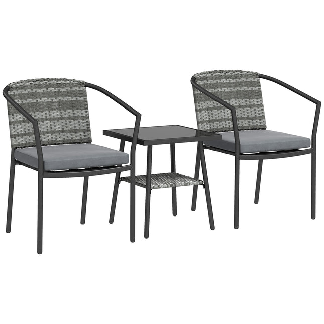 3 Piece Grey Rattan Bistro Set with Cushions and Glass Top Table