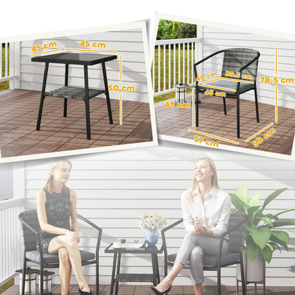 3 Piece Grey Rattan Bistro Set with Cushions and Glass Top Table