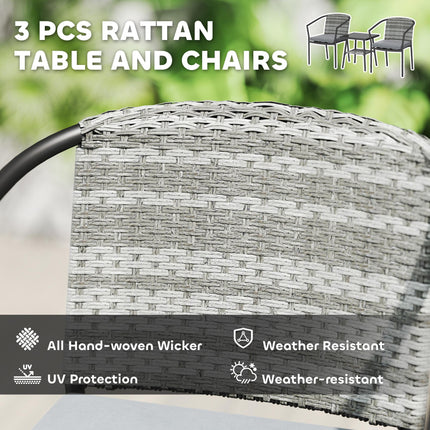 3 Piece Grey Rattan Bistro Set with Cushions and Glass Top Table
