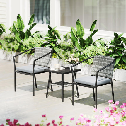 3 Piece Grey Rattan Bistro Set with Cushions and Glass Top Table