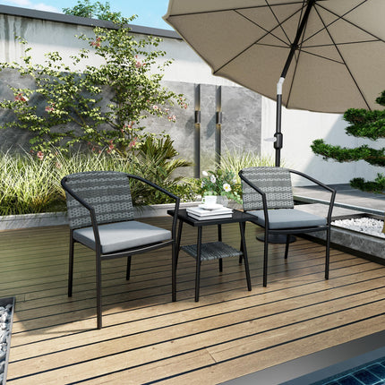 3 Piece Grey Rattan Bistro Set with Cushions and Glass Top Table