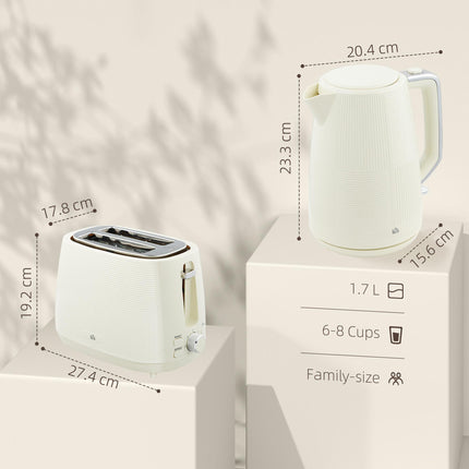 1.7L 3000W Fast Boil Kettle & 2-Slice Toaster Set with 7 Browning Levels, Defrost & Reheat - Cream White