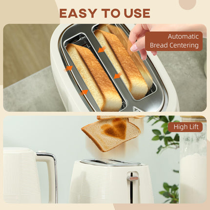 1.7L 3000W Fast Boil Kettle & 2-Slice Toaster Set with 7 Browning Levels, Defrost & Reheat - Cream White