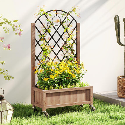 Wooden Planter with Metal Trellis and Wheels 52x25x97cm - Brown Black