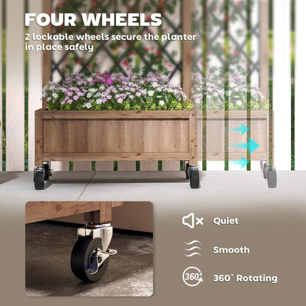 Wooden Planter with Metal Trellis and Wheels 52x25x97cm - Brown Black