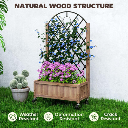 Wooden Planter with Metal Trellis and Wheels 52x25x97cm - Brown Black