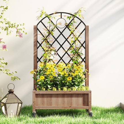 Wooden Planter with Metal Trellis and Wheels 52x25x97cm - Brown Black