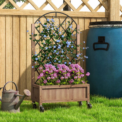 Wooden Planter with Metal Trellis and Wheels 52x25x97cm - Brown Black