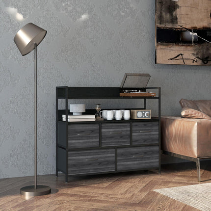 Rustic Chest of Five Fabric Drawers with Shelves - Black