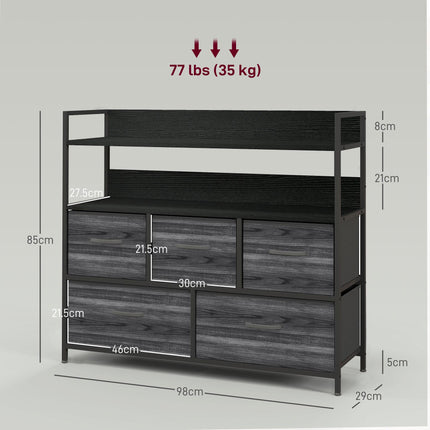 Rustic Chest of Five Fabric Drawers with Shelves - Black