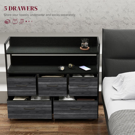 Rustic Chest of Five Fabric Drawers with Shelves - Black