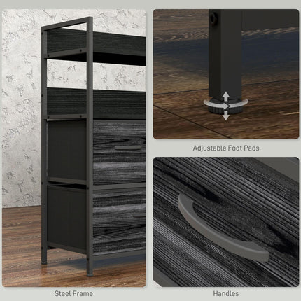 Rustic Chest of Five Fabric Drawers with Shelves - Black