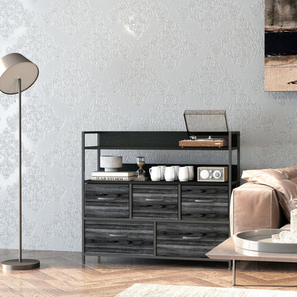 Rustic Chest of Five Fabric Drawers with Shelves - Black