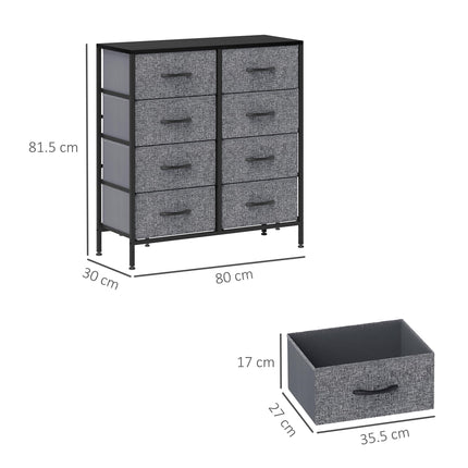 Industrial Fabric Chest of Drawers with 8 Storage Drawers, Steel Frame & Wooden Top - Black