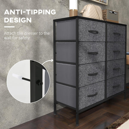 Industrial Fabric Chest of Drawers with 8 Storage Drawers, Steel Frame & Wooden Top - Black