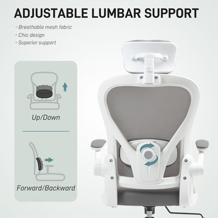 Ergonomic Executive Office Chair with Mesh High Back, Adjustable Lumbar & Headrest, Flip-up Armrests - Grey