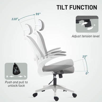 Ergonomic Executive Office Chair with Mesh High Back, Adjustable Lumbar & Headrest, Flip-up Armrests - Grey