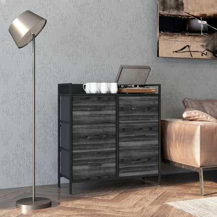 Rustic Chest with Six Fabric Drawers and Steel Frame - Black
