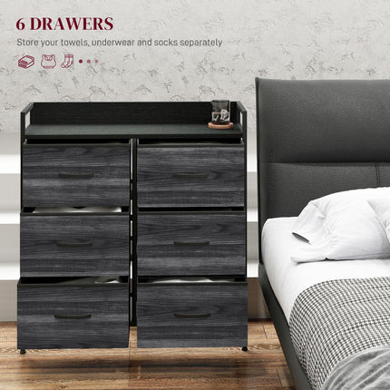 Rustic Chest with Six Fabric Drawers and Steel Frame - Black