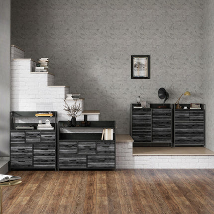 Rustic Chest with Six Fabric Drawers and Steel Frame - Black