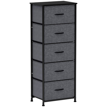 Fabric Chest of Drawers with 5 Storage Drawers, Steel Frame & Wooden Top - Dark Grey
