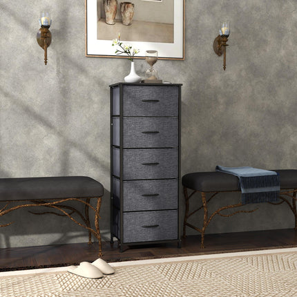 Fabric Chest of Drawers with 5 Storage Drawers, Steel Frame & Wooden Top - Dark Grey