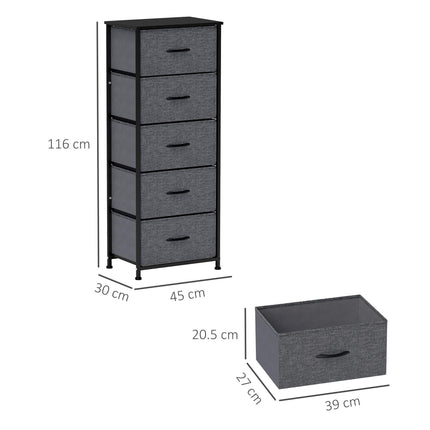 Fabric Chest of Drawers with 5 Storage Drawers, Steel Frame & Wooden Top - Dark Grey